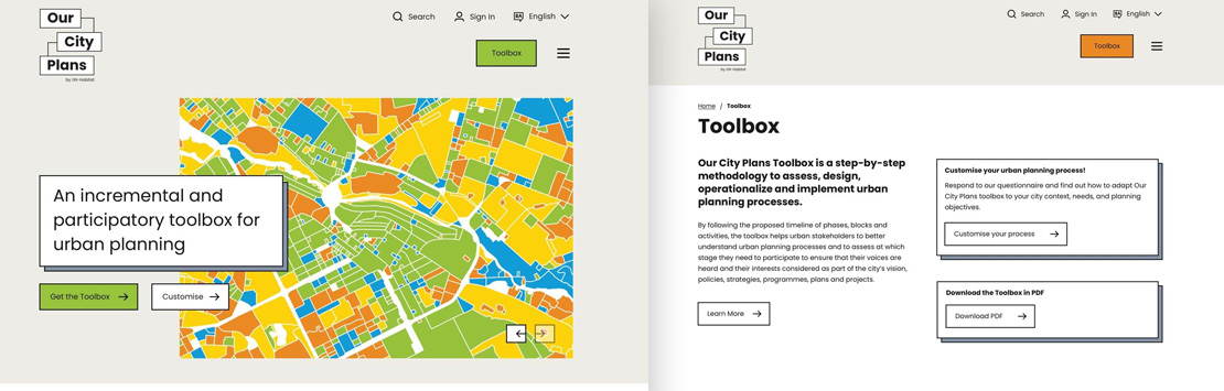 Homepage and Toolbox page for Our City Plans
