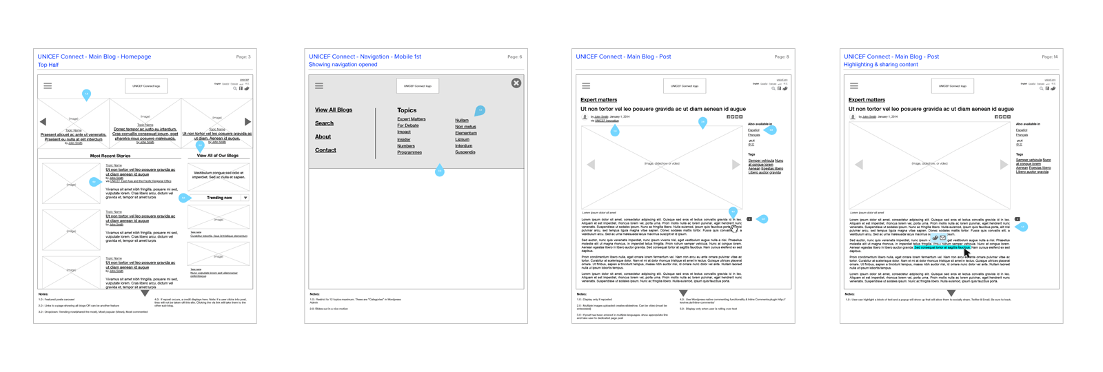 UNICEF Connect wireframes